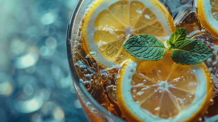 A glass of iced tea with lemon slices and mint leaves, floating refreshingly in a pool of condensation.の素材