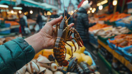 A hand holding a freshly caught lobster against a backdrop of a bustling fisherman's market selling a variety of shellfish.の素材