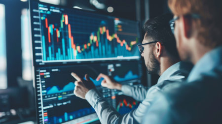 A group of investors evaluating investment opportunities with the aid of detailed business graphs.の素材
