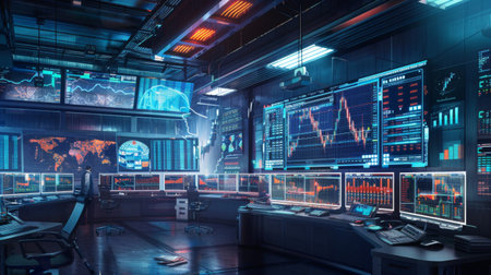 A futuristic trading floor filled with traders monitoring screens displaying dynamic stock graphs and charts.の素材