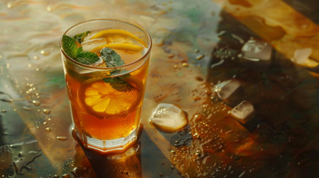 A glass of iced tea with lemon slices and mint leaves, floating refreshingly in a pool of condensation.の素材