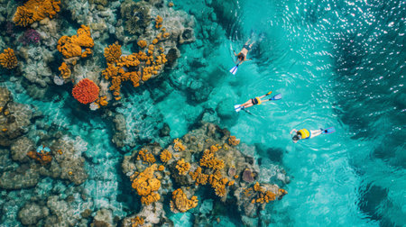 A group of tourists snorkeling in crystal-clear waters, exploring vibrant coral reefs teeming with colorful fish and marine life.の素材