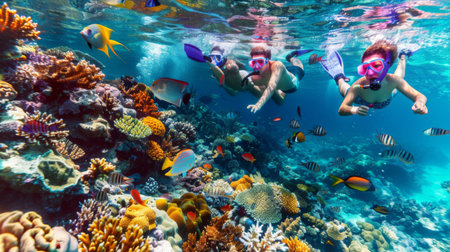 A group of tourists snorkeling in crystal-clear waters, exploring vibrant coral reefs teeming with colorful fish and marine life.の素材