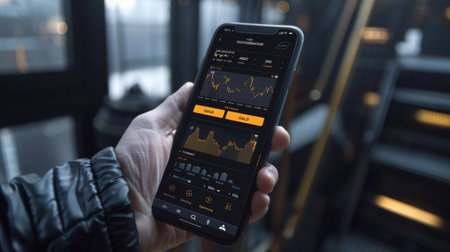 A hand holding a smartphone displaying a gold trading app with live price graphs and trading options.の素材