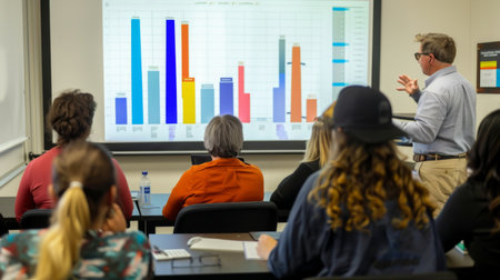 A group of people attending a financial literacy workshop, with colorful graphs displayed on a screen.の素材