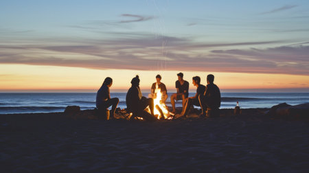 A group of friends enjoying a bonfire on the beach at twilight, with the flames casting a warm glow on the sand and sea.の素材