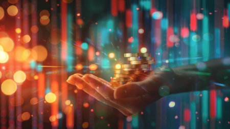 A hand holding a stack of coins against a backdrop of rising financial graphs, symbolizing prosperity.の素材