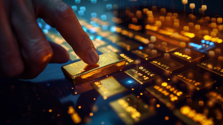 A hand pressing a button on a digital interface to execute a gold trade, with price graphs displayed nearby.の素材