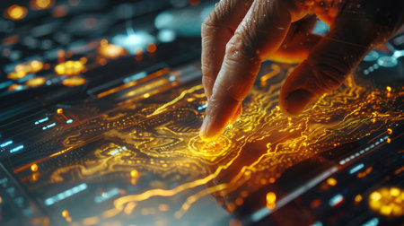 A hand pressing a button on a digital interface to execute a gold trade, with price graphs displayed nearby.の素材