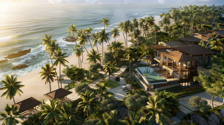 A luxury beach resort nestled among palm trees, offering private villas with stunning ocean views and pristine sandy beaches.の素材