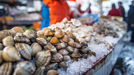 A seafood market stall piled high with fresh shellfish, including clams, oysters, and cockles, ready for sale.の素材