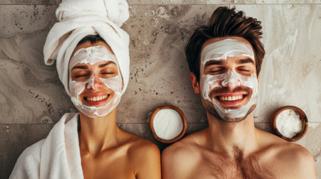 A man and woman enjoying a spa day together, receiving rejuvenating facial treatments for a youthful glowの素材