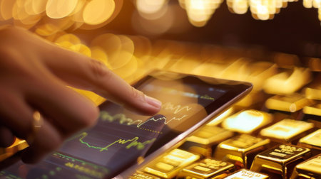 A person checking their gold portfolio on a tablet with gold price charts reflecting investment performance.の素材
