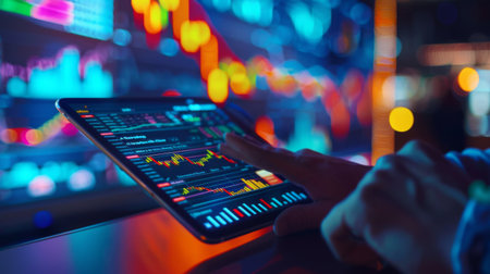 A person checking their investment portfolio on a tablet, with colorful financial graphs displayed.の素材