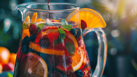 A pitcher of sangria with floating citrus fruits and berries, infusing the wine with fruity flavors and vibrant colors.の素材