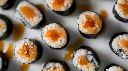 A platter of bite-sized sushi rolls floating in soy sauce, showcasing Japanese cuisine's delicate artistry.の素材