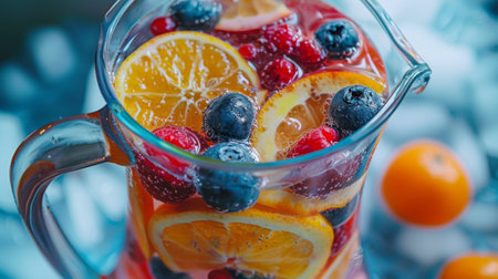 A pitcher of fruit-infused water with floating slices of citrus fruits and berries, a refreshing and hydrating beverage option.の素材