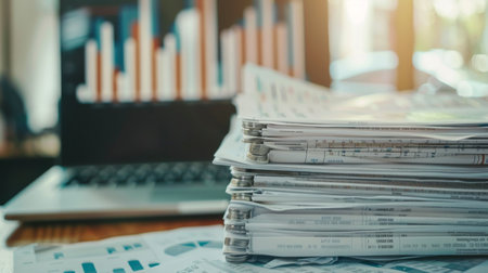 A stack of financial documents and reports next to a laptop displaying a bar graph, symbolizing financial analysis and reporting.の素材