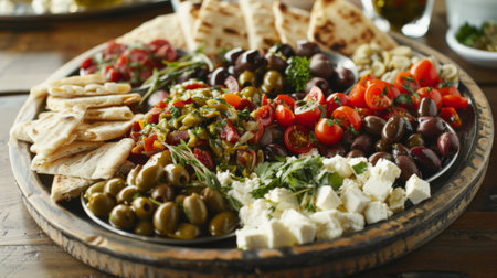 A platter of Mediterranean mezze with floating olives, feta cheese, and pita bread, offering a flavorful array of appetizers.の素材
