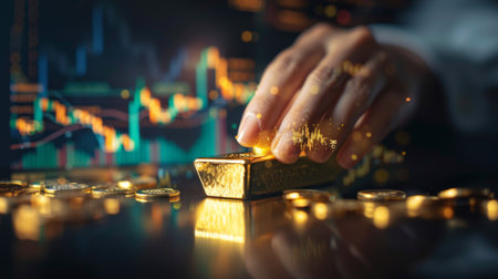 A person polishing a gold bar with a gold price chart in the background, representing care and attention to precious metal investments.の素材