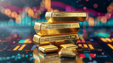 A stack of gold bars against a backdrop of historical gold price graphs, symbolizing wealth and investment.の素材
