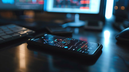 A smartphone displaying a stock market app with live financial data and graphs, emphasizing technology in finance.の素材