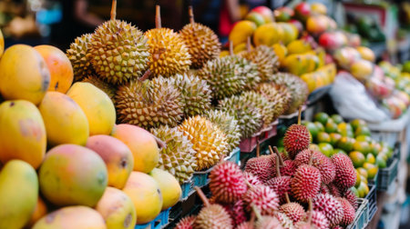 A Thai fruit market with an abundance of tropical fruits like mangoes, durians, and rambutans, showcasing Thailand's diverse produce.の素材