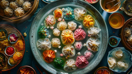 A platter of colorful dumplings floating in a savory broth, showcasing the diversity and artistry of Chinese cuisine.の素材