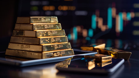 A stack of gold bars with a tablet displaying gold price graphs nearby, representing physical gold assets alongside digital market analysis.の素材