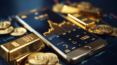 A smartphone displaying a gold trading app with live gold price updates and charts, emphasizing technology in gold investment.の素材