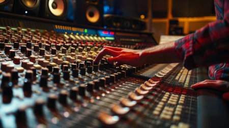 A sound engineer operating a mixing console in a recording studio, highlighting professional audio production.の素材