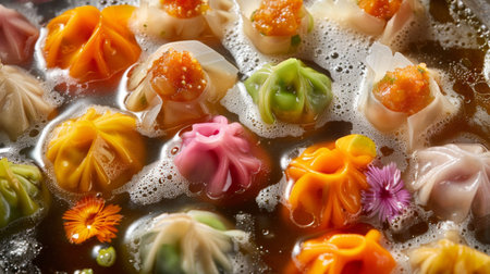 A platter of colorful dumplings floating in a savory broth, showcasing the diversity and artistry of Chinese cuisine.の素材