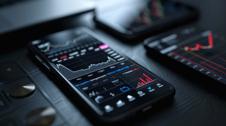 A smartphone displaying a stock market app with live financial data and graphs, emphasizing technology in finance.の素材