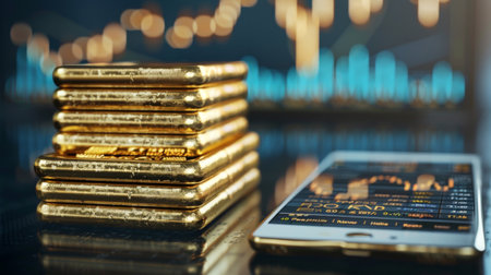 A stack of gold bars with a tablet displaying gold price graphs nearby, representing physical gold assets alongside digital market analysis.の素材