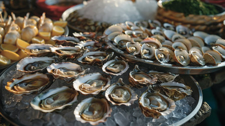 A seafood buffet table adorned with platters of grilled oysters, stuffed clams, and steamed mussels, tempting diners with their aroma.の素材