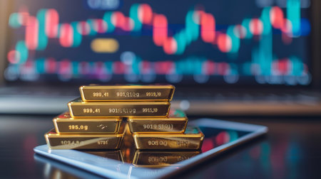 A stack of gold bars with a tablet displaying gold price graphs nearby, representing physical gold assets alongside digital market analysis.の素材