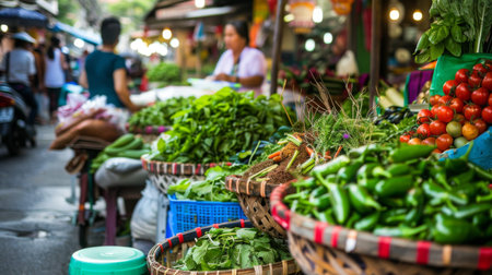 A Thai market scene with vendors selling fresh herbs, spices, and vegetables, essential ingredients in Thai cooking.の素材