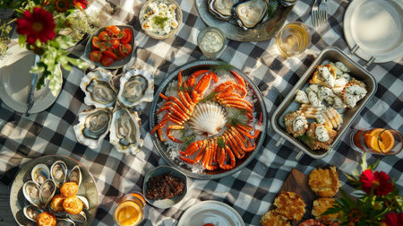 A seafood lover's picnic spread on a checkered blanket, with an assortment of clam dip, oyster shooters, and crab cakes.の素材