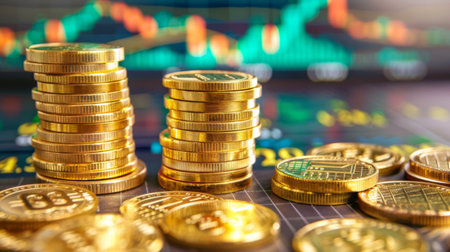 A stack of gold coins and bullions arranged neatly on a desk with price trend graphs in the background.の素材