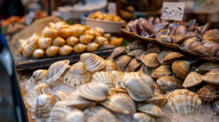 A seafood market stall piled high with fresh shellfish, including clams, oysters, and cockles, ready for sale.の素材