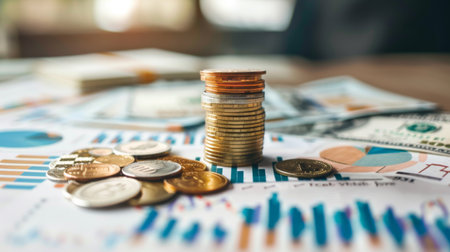 A stack of coins and banknotes on a table, with financial graphs and charts scattered around, symbolizing wealth management.の素材