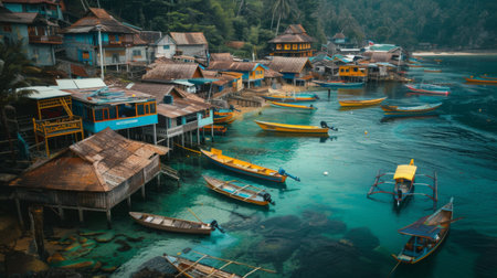 A traditional wooden fishing village nestled along a picturesque coastline, with colorful boats lining the shore.の素材