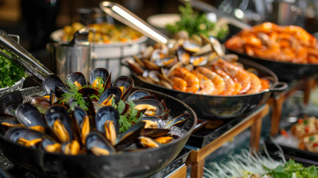 A seafood buffet spread featuring a selection of cooked mussels alongside other shellfish and seafood delicacies.の素材