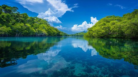 A tranquil lagoon fringed by mangrove forests, with clear blue waters reflecting the lush greenery and blue skies above.の素材