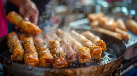 A street food vendor skillfully crafting crispy and flavorful Thai spring rolls, a popular snack enjoyed worldwide.の素材