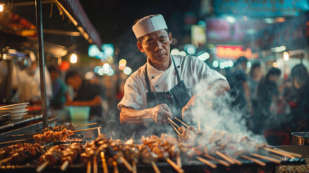A Thai chef grilling skewers of marinated meat and seafood at a lively night market, enticing passersby with aromatic smoke.の素材