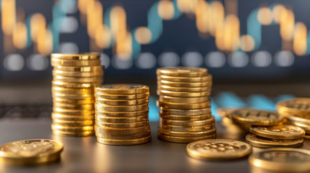 A stack of gold coins and bullions arranged neatly on a desk with price trend graphs in the background.の素材