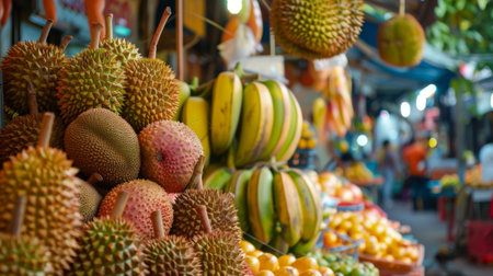 A Thai fruit market with an abundance of tropical fruits like mangoes, durians, and rambutans, showcasing Thailand's diverse produce.の素材