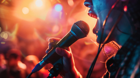 A singer performing on stage with a dynamic microphone, capturing the passion of live vocal performance.の素材