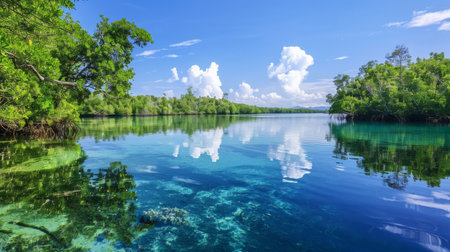 A tranquil lagoon fringed by mangrove forests, with clear blue waters reflecting the lush greenery and blue skies above.の素材